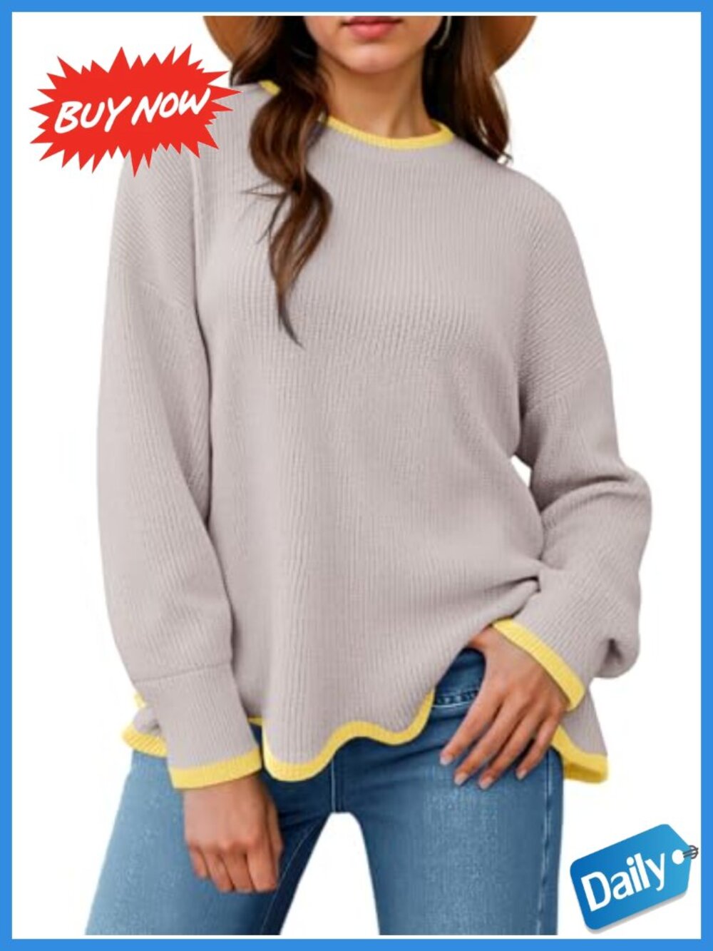 Women's Contrast Color Knit Pullover Sweater Wave Hem Loose Fit